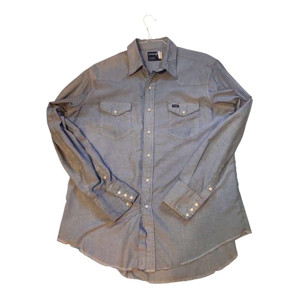 Vtg 1980s Wrangler Western  Pearl Snap Chambray Shirt Regular Fit Sz 17.5X36 XL